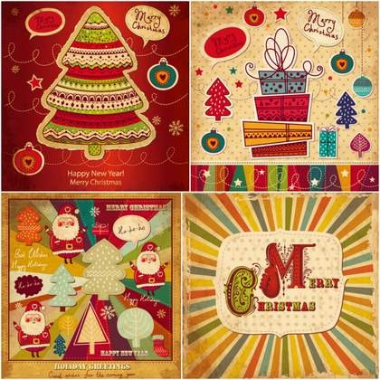 Four cute cartoon Christmas card vector material